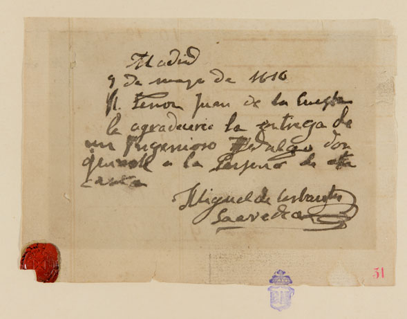 Presunto billete autógrafo de Cervantes dirigido a Juan de la Cuesta